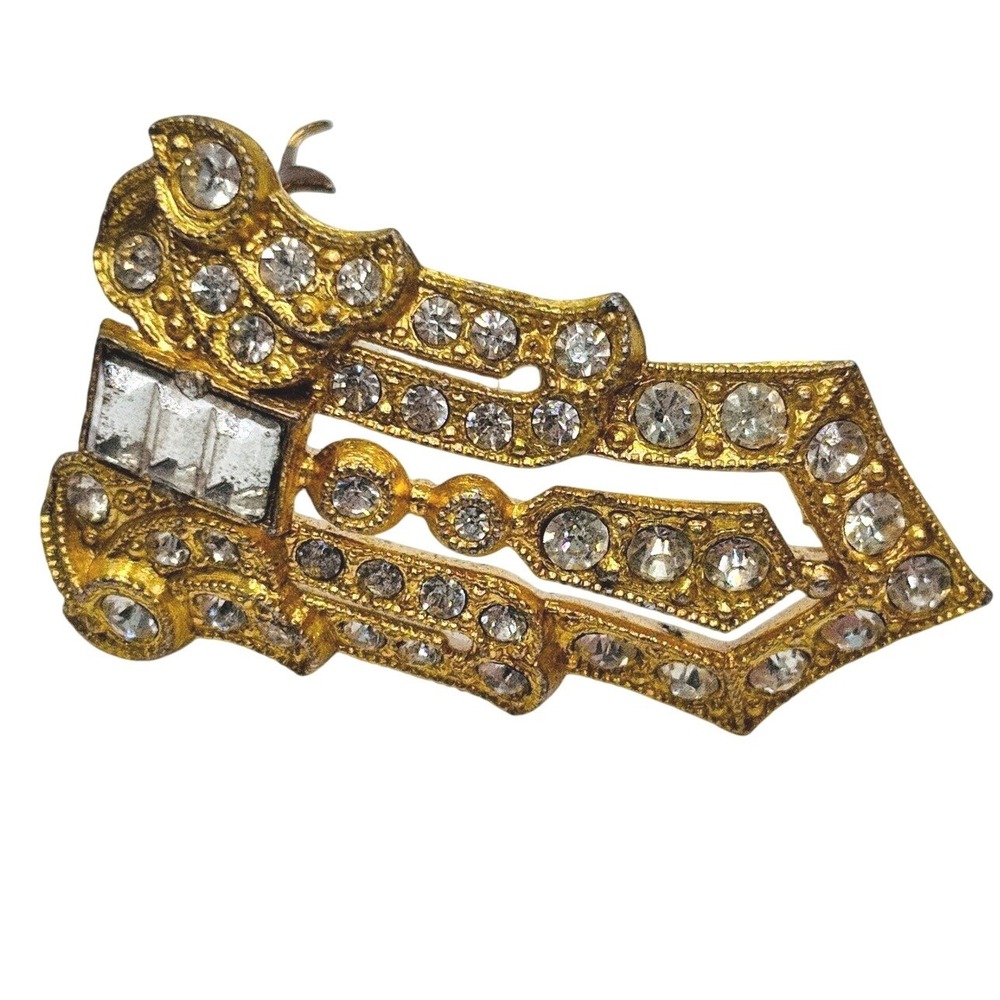 Antique Art Deco Gold Tone Rhinestone Baguette Shield Dress Clip 1930s Geometric
